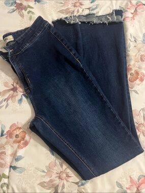High-Rise Dark Indigo Wide-Leg Jeans with Frayed Hem